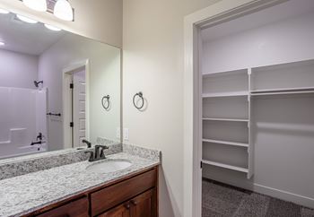 A bathroom with a sink, mirror, and a closet.